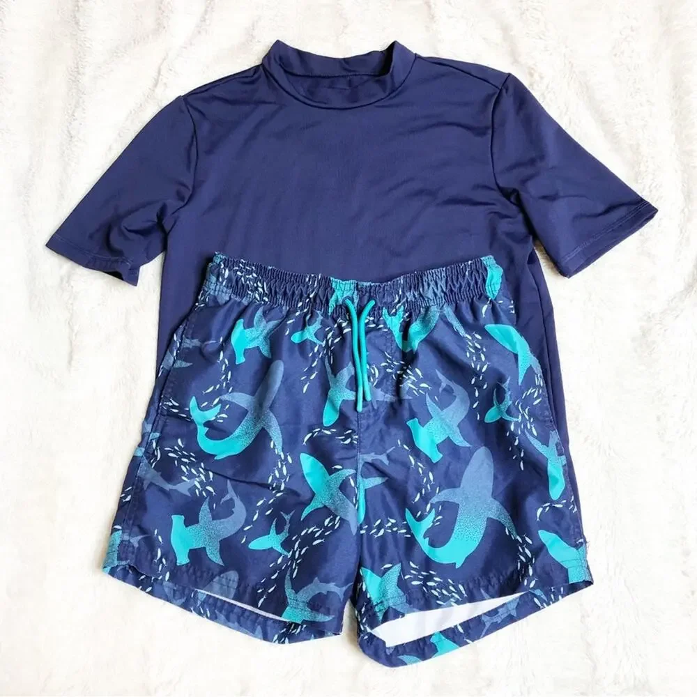 Cat & Jack navy blue shark rash guard swim trunk set size Large 10-12